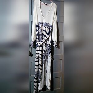 Chic White and Blue Long Sleeve High - Low Dress